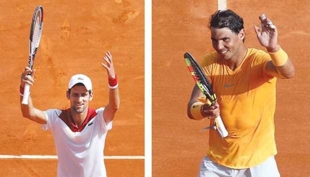 Novak Djokovic celebrates after winning his Monte Carlo Masters match against Borna Coric in Monaco yesterday. Right: Rafael Nadal celebrates after winning his Monte Carlo Masters match against Aljaz Bedene in Monaco yesterday. (AFP)
