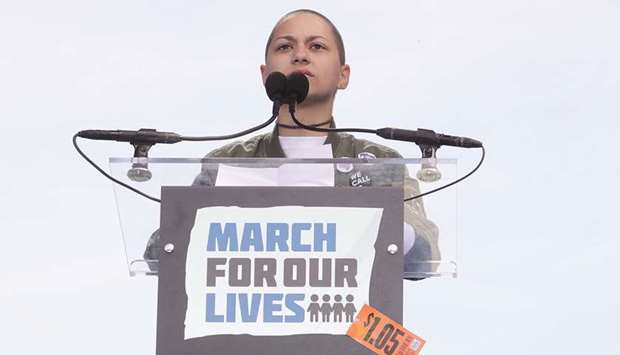 REAL PICTURE: Marjory Stoneman Douglas student Emma Gonzalez speaks to the crowd during March for Our Lives to demand stricter gun control laws on Saturday, March 24, 2018, in Washington, DC.
