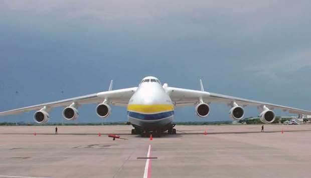 The Antonov 225 sits at Sri Lankau2019s second international airport in the southern town of Mattala yesterday, during a refuelling stop on its way to Karachi from Kuala Lumpur with a cargo of unspecified heavy machinery.