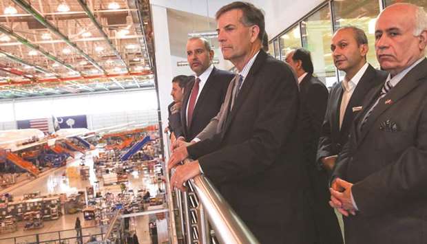 HE the Minister of Economy and Commerce Sheikh Ahmed bin Jassim bin Mohamed al-Thani at the Boeing plant in Charleston with other dignitaries.