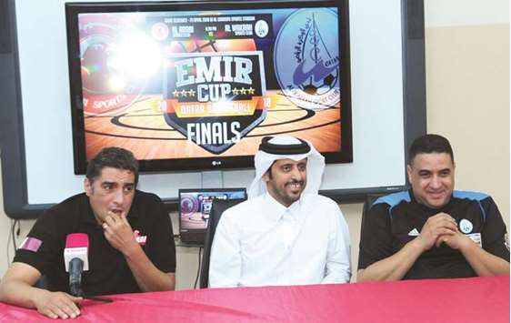 Al Arabi coach Hatem Mamlouk (left), Qatar Basketball Federation Board member Abdulrahman al-Hitmi and Al Wakrah coach Ihab Galal address a press conference on the eve of HH The Emir Cup Basketball final yesterday. PICTURE: Nasar TK
