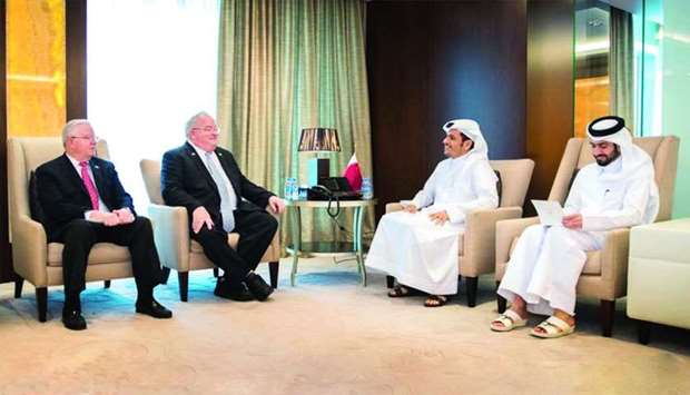 HE the Deputy Prime Minister and Foreign Minister Sheikh Mohamed bin Abdulrahman al-Thani met yesterday with Billy Long and Joe Barton, both Republicans Representatives of the US Congress, who are currently visiting Qatar. The meeting discussed bilateral relations and ways to develop them, in addition to matters of common concern.