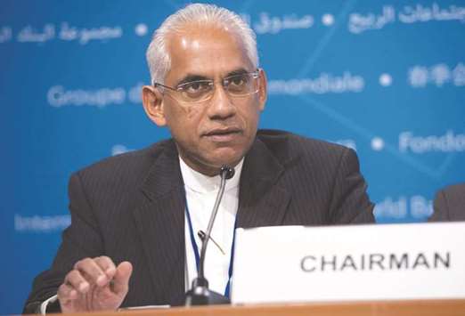 Eran Wickramaratne, Sri Lankau2019s State Minister of Finance and Mass Media and chairman of the G-24, holds a press conference during the 2018 Spring Meetings of the International Monetary Fund and World Bank Group in Washington, DC yesterday.