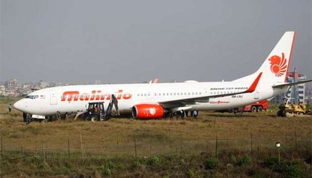 Officials check an aircraft belonging to Malindo Air that skidded off the runway during take off on Thursday night at Tribhuvan International Airport in Kathmandu.