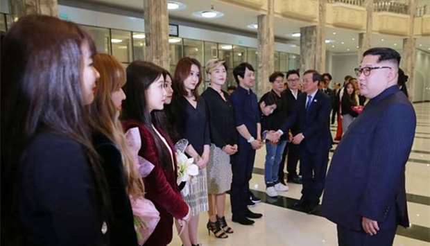 North Korean leader Kim Jong Un speaking to South Korean musicians after a rare concert at the 1,500-seat East Pyongyang Grand Theatre in Pyongyang.