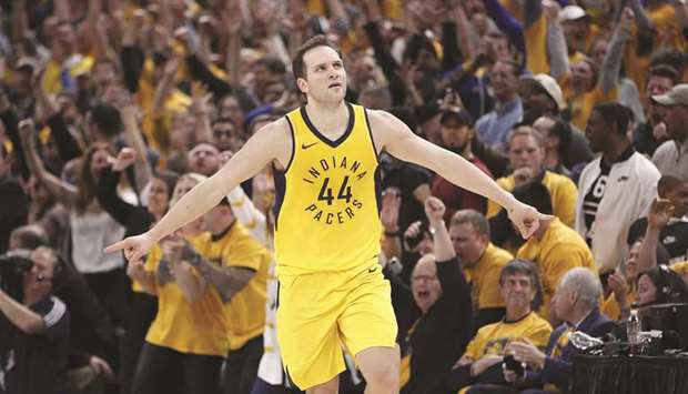 Bojan Bogdanovic of the Indiana Pacers reacts after making a three-point shot in the second-half of game three of the NBA playoffs against the Cleveland Cavaliers at Bankers Life Fieldhouse in Indianapolis, Indiana. The Pacers won 92-90. (Getty Images/AFP)