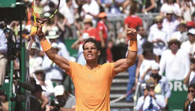 Spainu2019s Rafael Nadal celebrates after his victory against Bulgariau2019s Grigor Dimitrov during their semi-final at the Monte Carlo ATP Masters Series tournament in Monaco yesterday. (AFP)