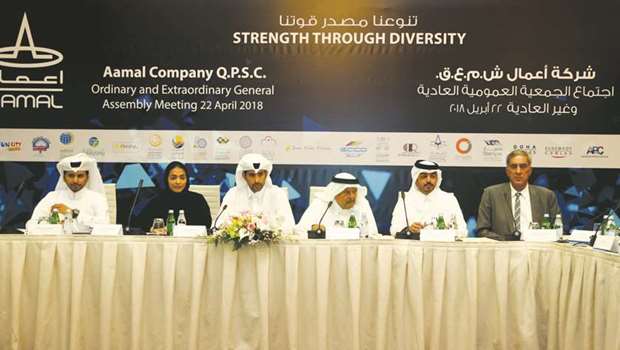 Aamal board addressing the shareholders in Doha yesterday.