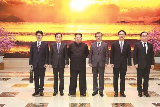Kim with a South Korea delegation in Pyongyang.