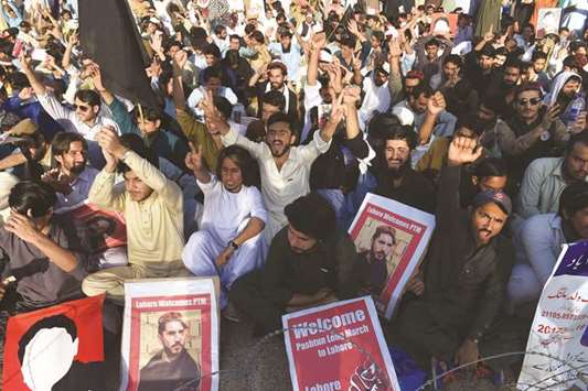 Members of the PTM and student activists at the demonstration in Lahore.