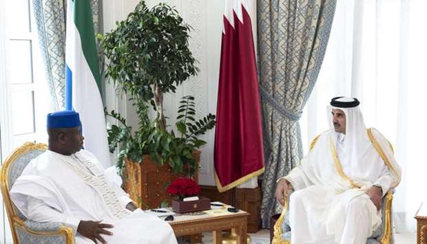 His Highness the Emir Sheikh Tamim bin Hamad al-Thani and Sierra Leone President Julius Maada Bio hold a discussion