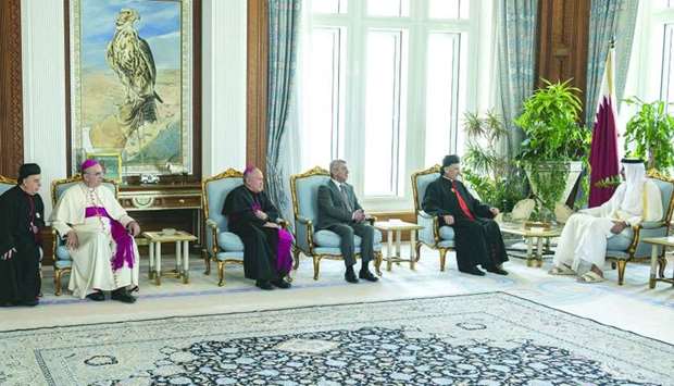 His Highness the Emir Sheikh Tamim bin Hamad al-Thani met in Doha on Sunday at his office at the Emiri Diwan with the visiting HB Cardinal Patriarch Moran Mor Bechara Boutros al-Rahi, Maronite Patriarch of Antioch and All the East. During the meeting, they reviewed topics related to the role of religions in promoting the values of tolerance and coexistence among peoples. In that context, the HB Patriarch praised Qatar's role in this field, and thanked the Emir for hosting the Lebanese community and providing generous care for them.