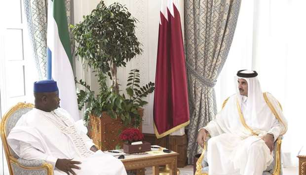 His Highness the Emir Sheikh Tamim bin Hamad al-Thani holding talks with Sierra Leone President Julius Maada Bio yesterday.