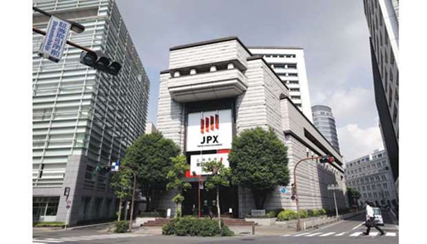 A frontal view of the Tokyo Stock Exchange building in Japan. The Nikkei 225 closed down 0.3% to 22,088.04 points yesterday.