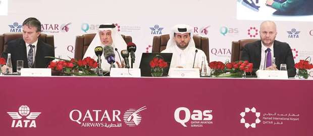 Al-Baker (second, left) announcing the QASu2019s international expansion yesterday at a press conference. With him are IATA airport, passenger, cargo and security senior vice-president Nick Careen, HIA chief operating officer Badr Mohamed A al-Meer, and QAS president Murat Nursel.