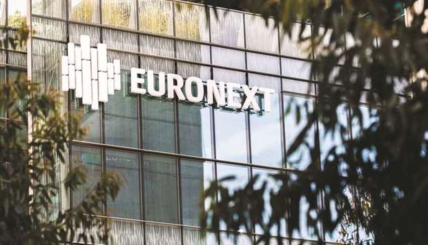The Euronext logo is seen on the exterior of the Paris Stock Exchange. The CAC 40 closed 0.5% up at 5,438.55 points yesterday.