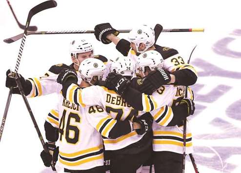 Boston Bruins left wing Jake DeBrusk celebrates with teammates after scoring a goal in the second period against the Toronto Maple Leafs in game six of the first round of the 2018 Stanley Cup Playoffs at Air Canada Centre. PICTURE: USA TODAY Sports