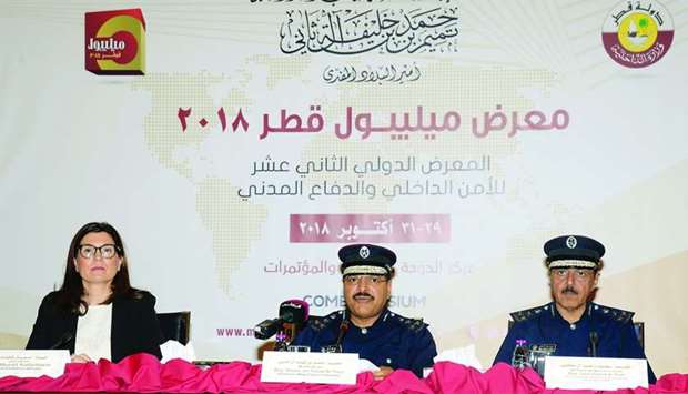 Brigadier Sheikh Nasser bin Fahad al-Thani announcing Milipol Qatar 2018 on Tuesday as Muriel Kafantaris and Brigadier Saud Rashid al-Shafi look on.
