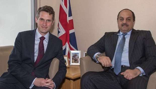 HE the Deputy Prime Minister and Minister of State for Defence Affairs Dr Khalid bin Mohammed al-Attiyah met with United Kingdom Defence Secretary Gavin Williamson