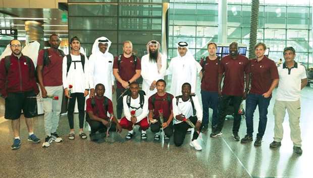 Team Qataru2019s athletes, members of the delegation and other officials at Dohau2019s Hamad International Airport after their arrival from the 18th Arab Junior Athletics Championships in Amman, Jordan.
