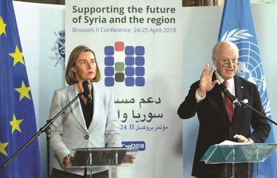 High Representative of the European Union for Foreign Affairs and Security Policy Federica Mogherini (left) and UN Special Envoy for Syria Staffan de Mistura speak to the media following a meeting as part of an international conference on the future of Syria and the region in Brussels, yesterday.