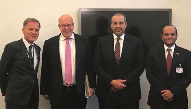 German ambassador Hans-Udo Muzel (left) is seen with HE the Minister of Economy and Commerce Sheikh Ahmed bin Jassim bin Mohamed al-Thani, Germany's Federal Minister for Economic Affairs and Energy Peter Altmaier and Qatar's ambassador to Germany Sheikh Saud bin Abdulrahman al-Thani after a meeting.