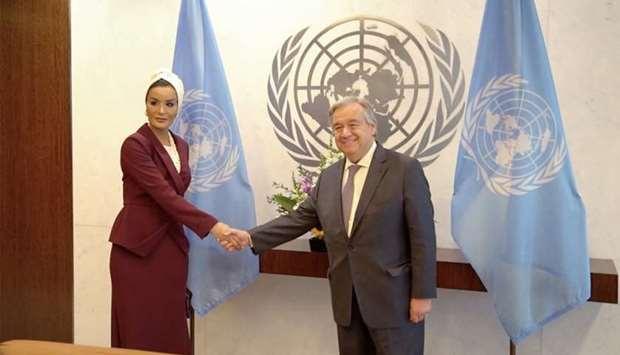 Sheikha Moza with United Nations Secretary-General Antonio Guterres