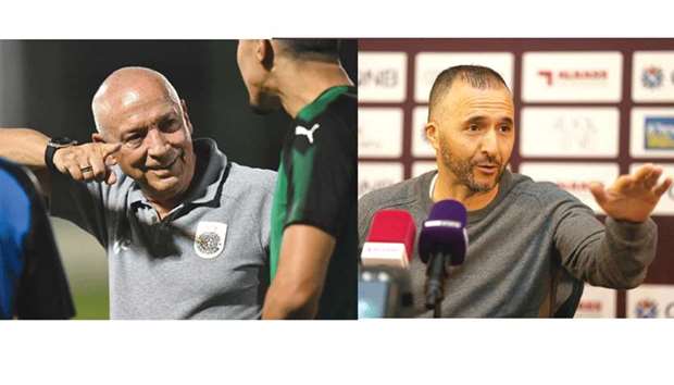 Al Sadd coach Jesualdo Ferreira in conversation during a training session yesterday. Right: Al Duhail coach Djamel Belmadi addresses the media during a press conference yesterday.