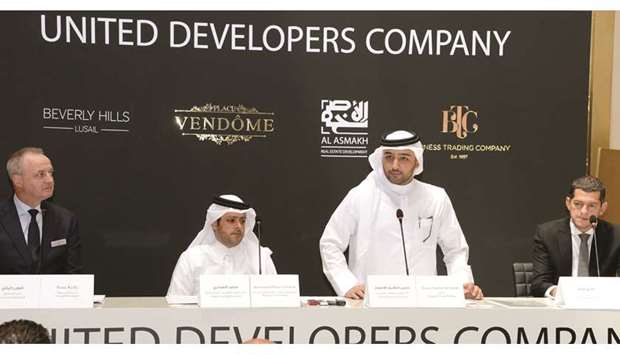 Regency Group Holding vice president and CEO Hassan Ibrahim al-Asmakh announces the four new projects worth QR7.5bn during a press conference at Cityscape Qatar 2018. Looking on are (from left) Sean Kelly, project director at United Developers; Mohamed Nasser Sharif al-Emadi, executive vice president of Projects at Regency Group Holding; and Fadi Barakeh, general manager of Al Asmakh Real Estate. PICTURE: Thajudheen