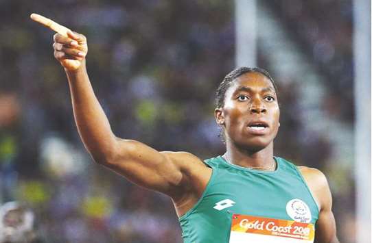 Caster Semenya of South Africa celebrates her win in the womenu2019s 800m final at the 2018 Commonwealth Games in Gold Coast, Australia, earlier this month. (Reuters)