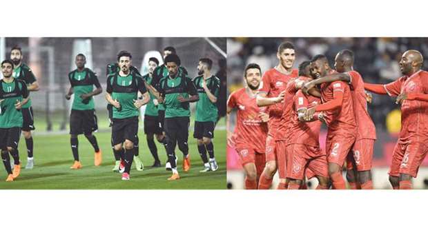 Al Sadd players train on the eve of the Qatar Cup final match against Al Duhail at Al Sadd stadium. RIGHT: Al Duhailu2019s players celebrate during their win over Al Gharafa in the semi-final. PICTURES: Noushad Thekkayil