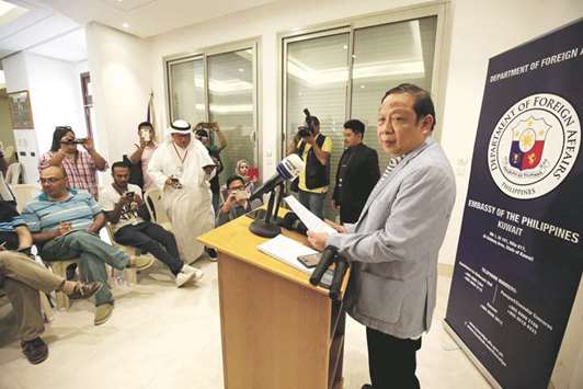 Filipino ambassador in Kuwait Renato PO Villa speaking during a press conference at the Philippines embassy in Kuwait City earlier this week.