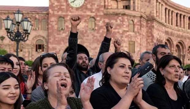 Supporters of Armenia's protest leader Nikol Pashinyan attend a rally in Yerevan on Thursday.