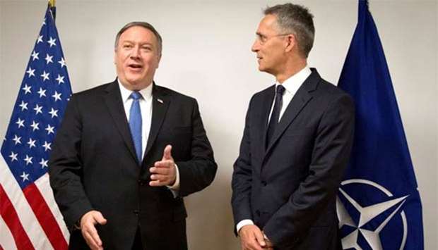 US Secretary of State Mike Pompeo and Nato Secretary General Jens Stoltenberg attend a foreign ministers meeting at the alliance's headquarters in Brussels on Friday.