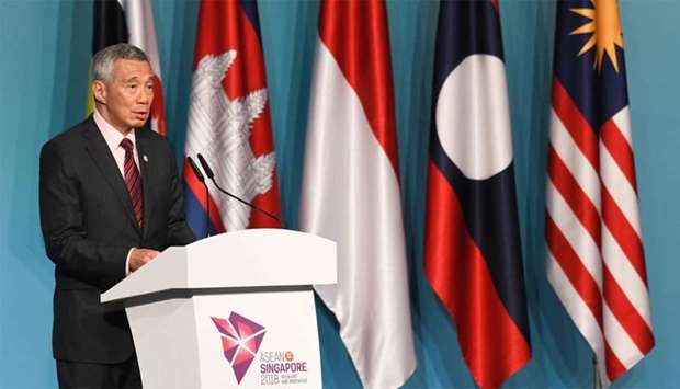 Singapore Prime Minister Lee Hsien Loong speaks during a press conference at the 32nd ASEAN Summit in Singapore
