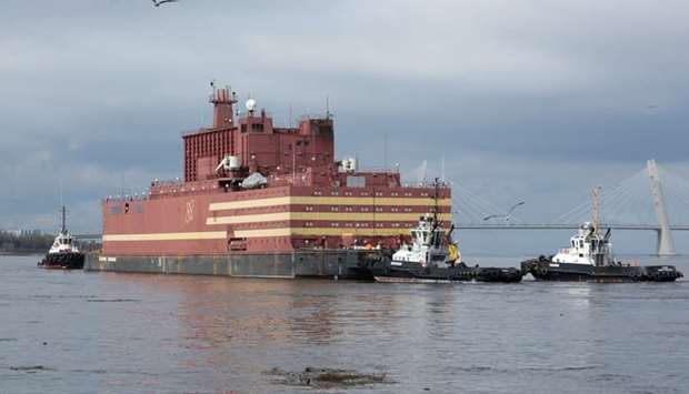 The floating nuclear power plant ,Akademik Lomonosov, is seen being towed to an Atomflot base in Murmansk for nuclear fuel loading, in St. Petersburg, Russia. Reuters