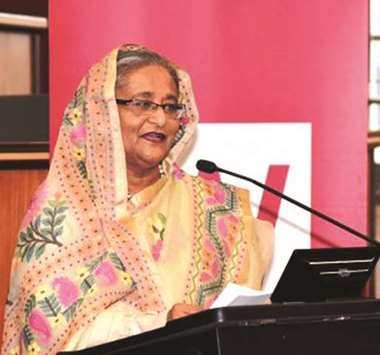 Bangladesh Prime Minister Sheikh Hasina speaking at an event at Western Sydney University Australia.