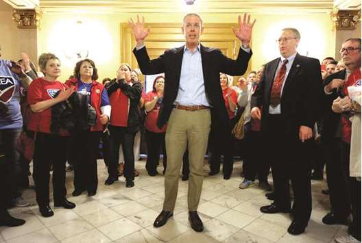Paul Davis, a former Kansas state representative and the Democratic candidate for the US House of Representatives, addresses teachers who mobilised at the State Capital as the Kansas house and Senate debated an education bill in Topeka, Kansas, US, on April 7, 2018.