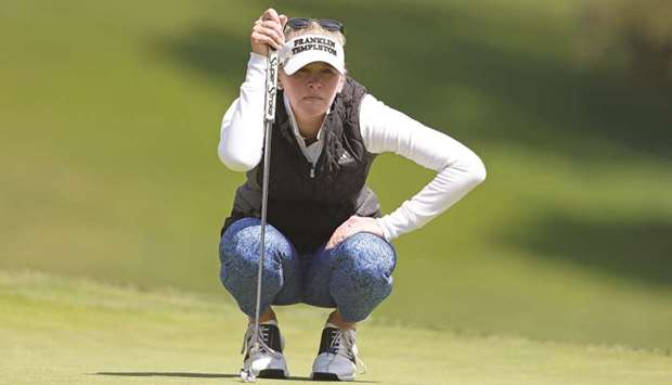 Jessica Korda lines up a putt on the sixth hole during the second round of the Mediheal Championship at Lake Merced Golf Club in Daly City, California. (AFP)