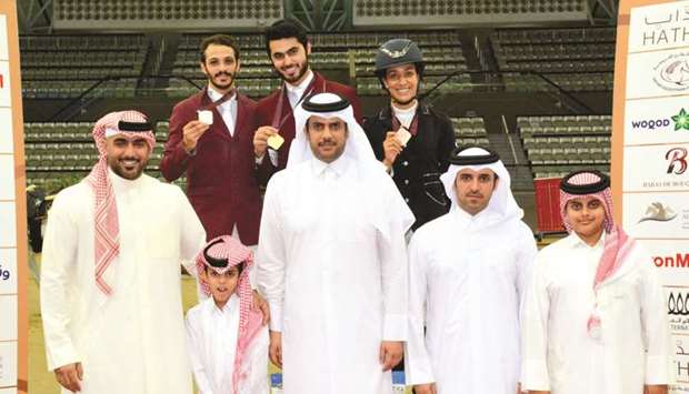 President of the Asian and Qatari Equestrian Federation Hamad bin Abdulrahman al-Attiyah (third from right) poses with Big Tour podium winners at Al Shaqab yesterday.