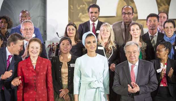 Her Highness Sheikha Moza bint Nasser, Chairperson of Education Above All (EAA) Foundation, at the EAA-Unicef event at the New York Public Library. UN Secretary-General Antonio Guterres and other high-level figures and industry leaders participated in the event. PICTURE: Aisha al-Musallam/HHOPL