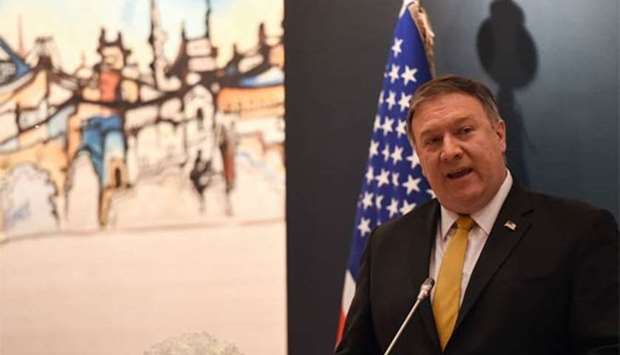US Secretary of State Mike Pompeo speaks during a press conference at the Royal airport in Riyadh on Sunday.