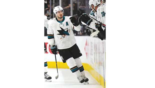 San Jose Sharksu2019 Logan Couture celebrates with teammates after scoring a goal against the Vegas Golden Knights in the NHL playoffs in Las Vegas. (AFP)