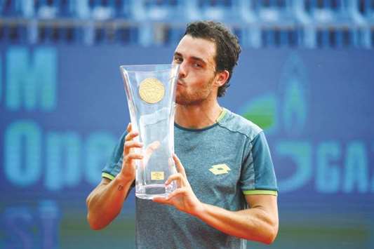 Italian Marco Cecchinato celebrates after winning the Hungarian Open in Budapest yesterday. (AFP)