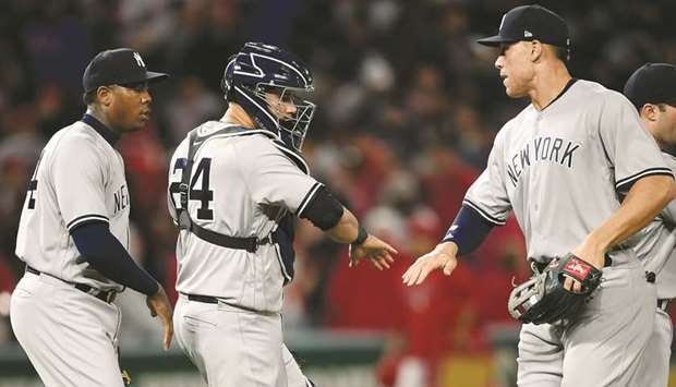 New York Yankees catcher Gary Sanchez celebrates with right fielder Aaron Judge (right) after the game against the Los Angeles Angels at Angel Stadium of Anaheim. PICTURE: USA TODAY Sports