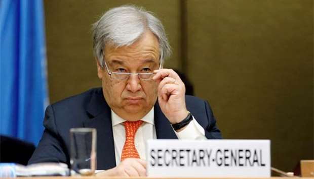 United Nations Secretary-General Antonio Guterres looks on during the High-Level Pledging Event for the Humanitarian Crisis in Yemen, in Geneva on Tuesday.