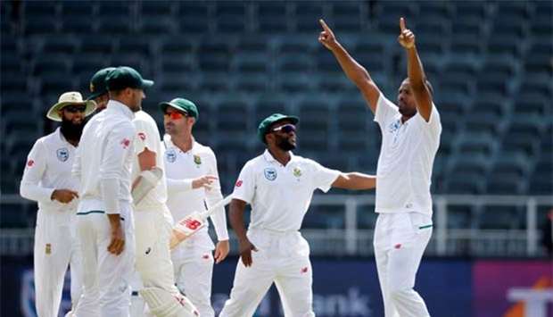 South Africau2019s Vernon Philander celebrates bowling out Australia's Chad Sayers on Tuesday.