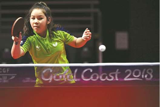 Eleven-year-old table tennis player Anna Hursey of Wales hitting a return during training ahead of the 2018 Gold Coast Commonwealth Games. (AFP)