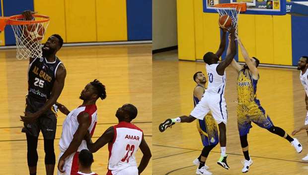 Action from the match between Al Shamal and Al Sadd in the Emiru2019s Cup basketball tournament yesterday. Right: Al Khor edged out Al Gharafa 77-74 in a tense match.