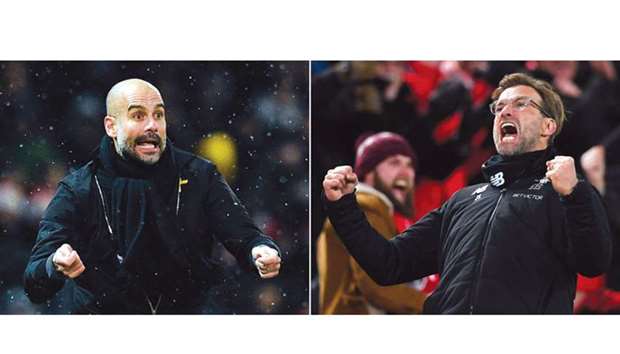 Manchester Cityu2019s Spanish manager Pep Guardiola and Liverpoolu2019s German manager Jurgen Klopp (right). (AFP)